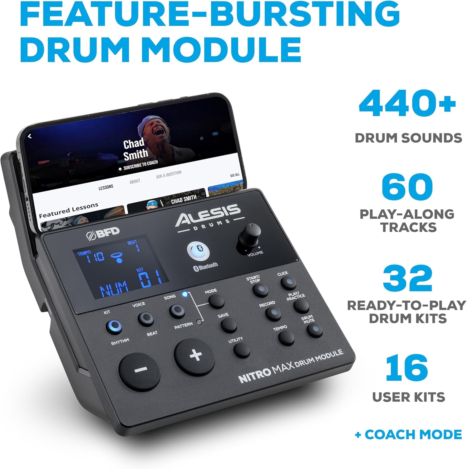 Módulo de bateria Alesis Nitro Max com Bluetooth e múltiplos sons e kits.