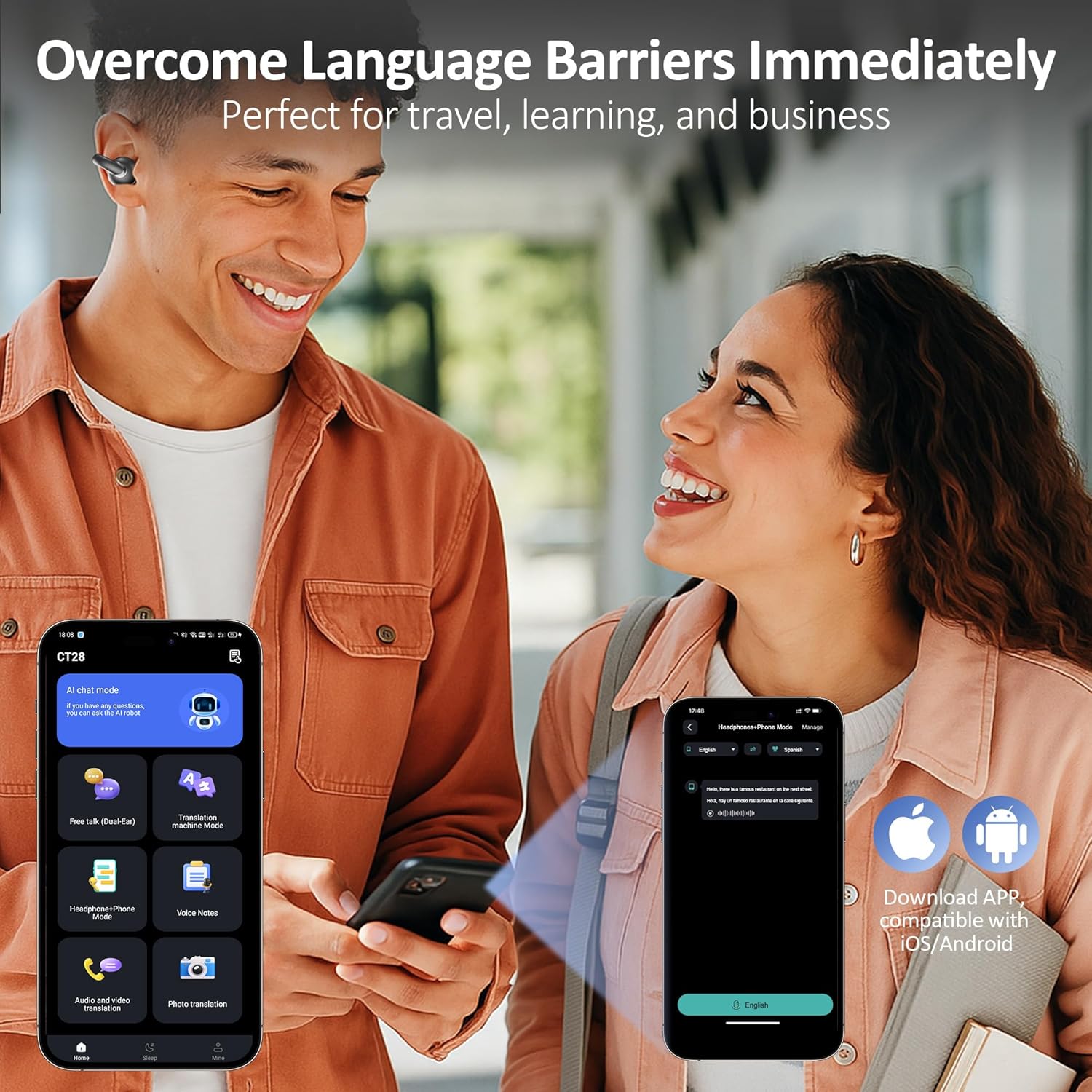 Pessoas com fones IAMJOY quebrando barreiras linguísticas com app móvel para tradução em tempo real.