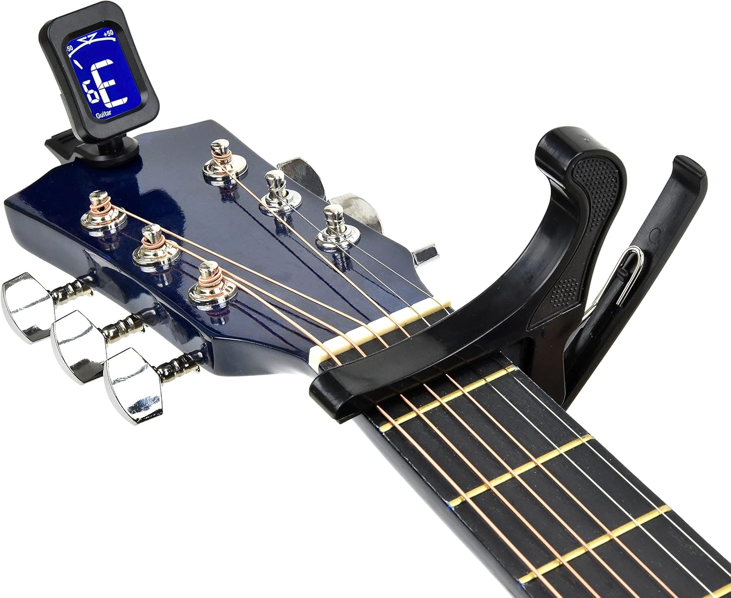 Cabeçote guitarra infantil azul com afinador eletrônico e capotraste pretos