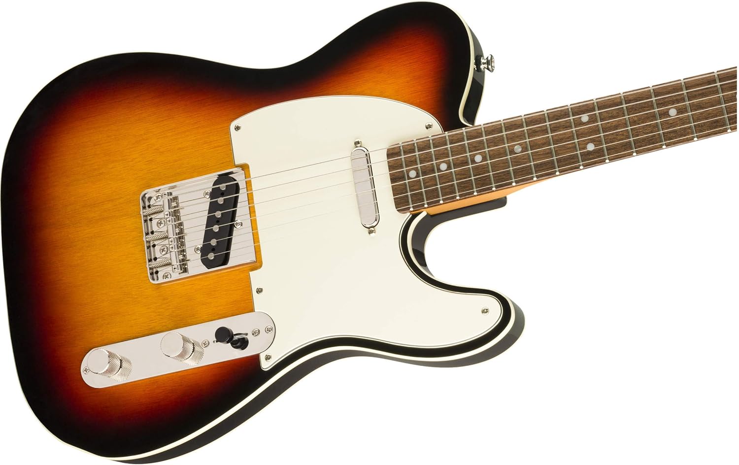 Vista lateral da guitarra Squier Classic Vibe '60s Custom Telecaster Sunburst mostrando corpo e braço