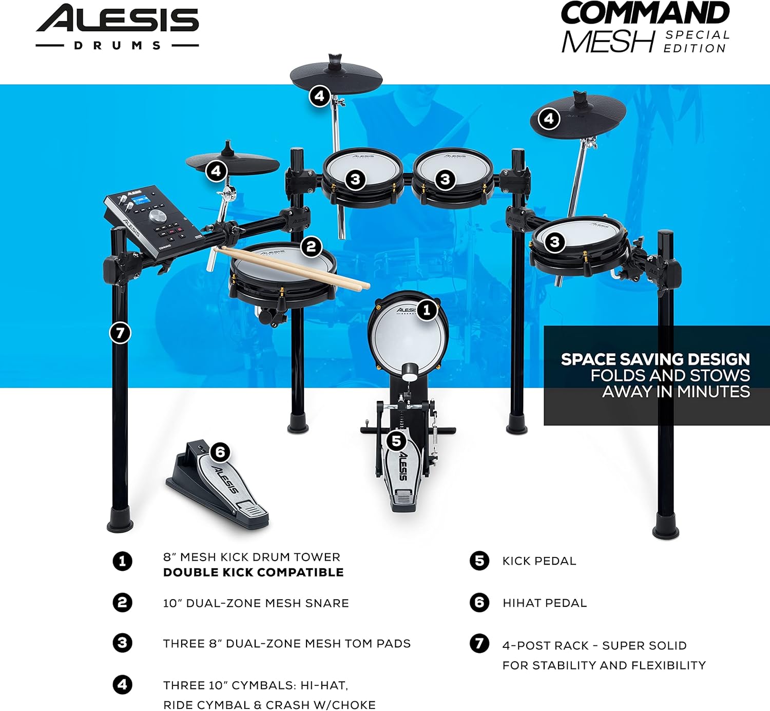 Componentes da bateria eletrônica Alesis Command Mesh SE com design economizador de espaço e descrição dos pads e pedais.