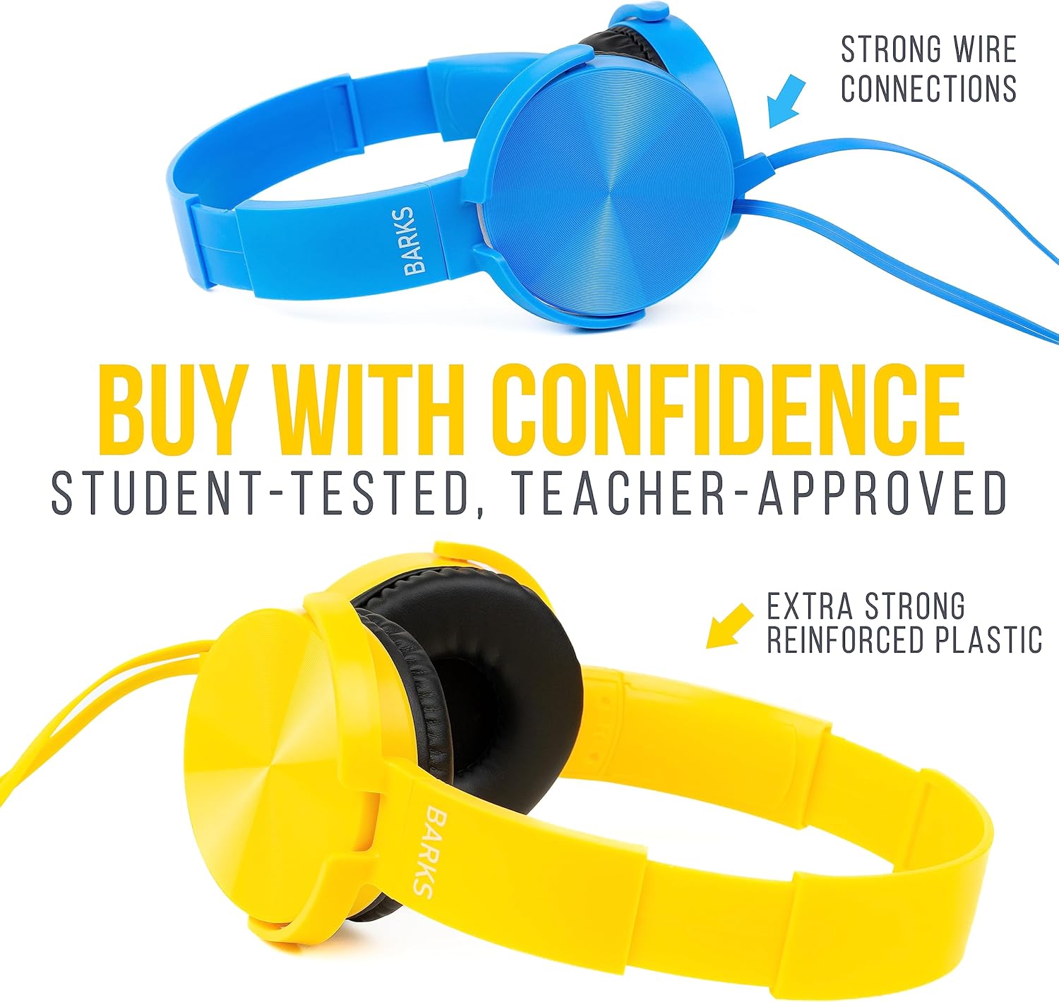 Fones de ouvido Barks azul e amarelo com cabos e plásticos reforçados, testados por estudantes e aprovados por professores.