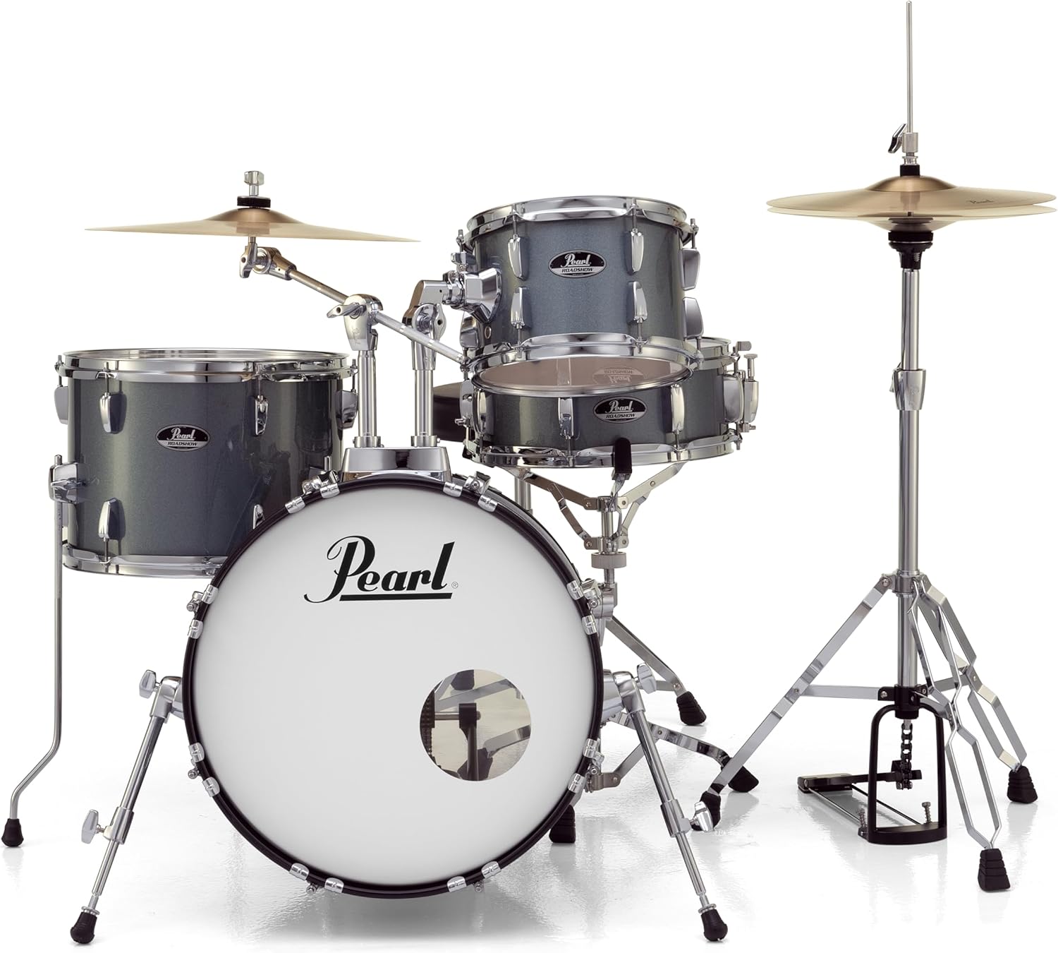 Kit bateria acústica Pearl Roadshow RS584C/C706 carvão metálico com ferragens cromadas e pratos