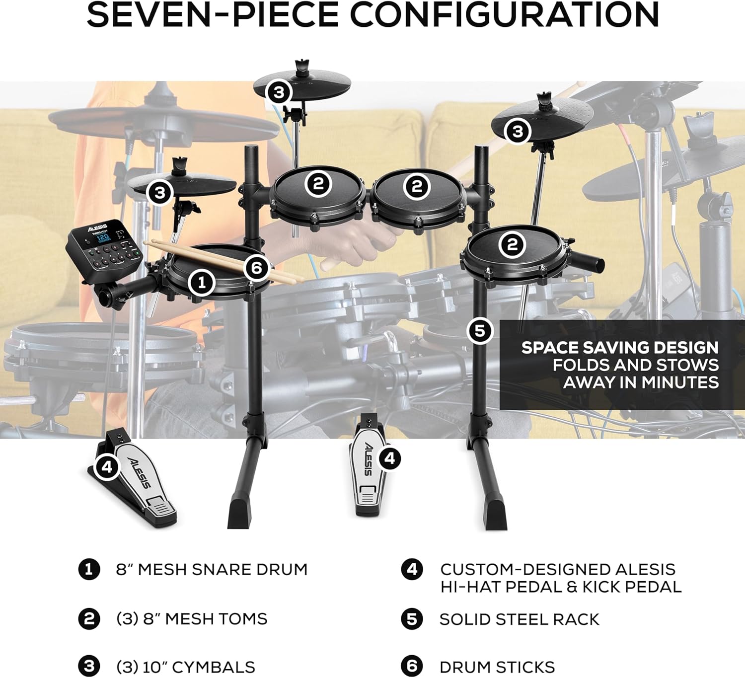Configuração detalhada das peças do kit de bateria eletrônica Alesis Turbo com indicação de tambores, pratos, pedais e estrutura.