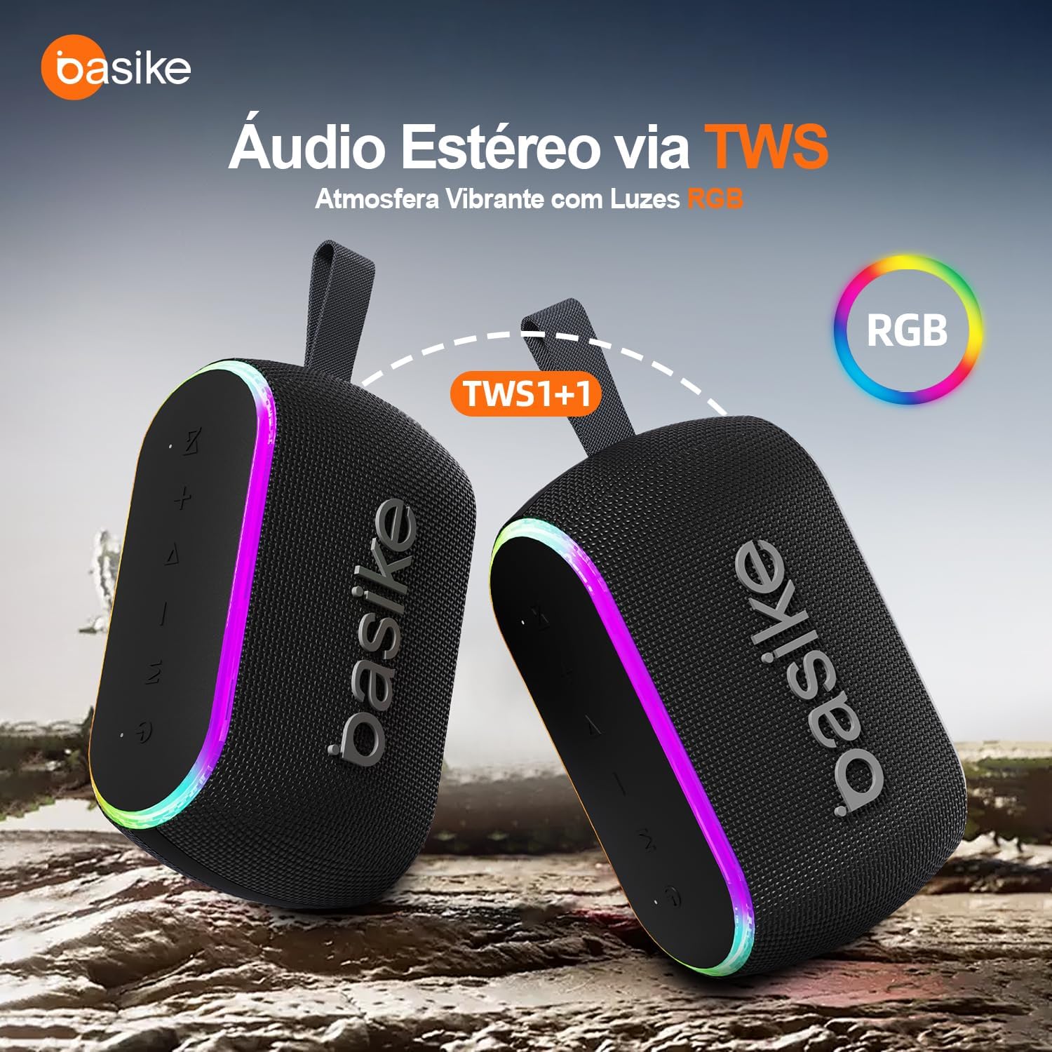 Caixas de som Bazik pretas com luzes RGB e áudio estéreo via TWS