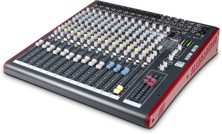 Mesa de som analógica Allen & Heath Zed-16Fx com 16 canais e efeitos integrados, vista em ângulo lateral.