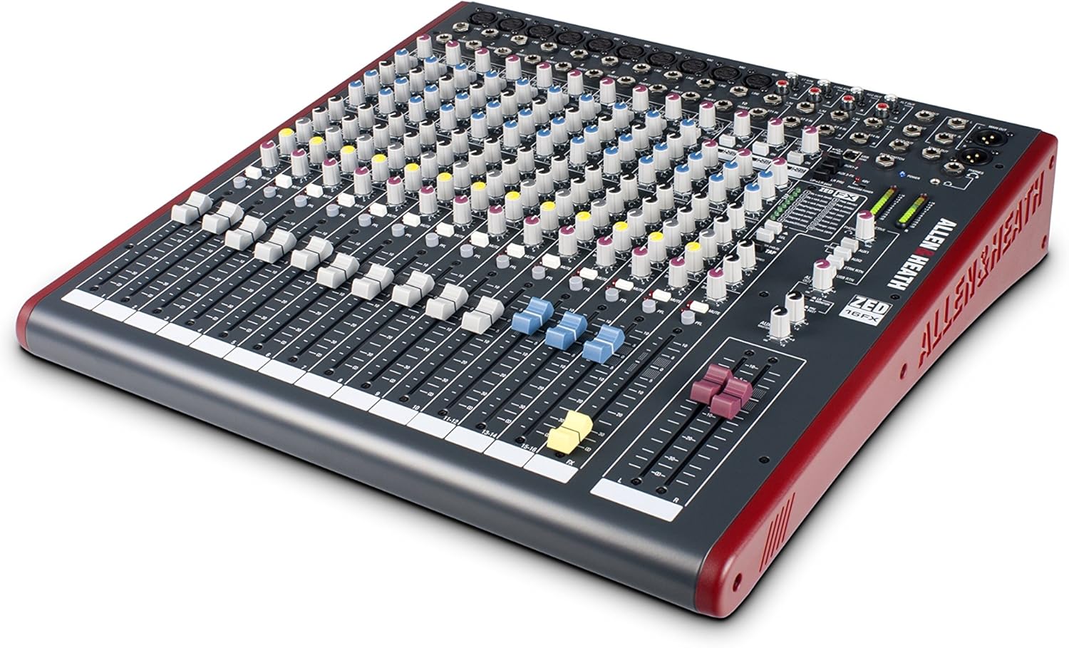 Mesa de som analógica Allen & Heath Zed-16Fx com 16 canais e efeitos integrados, vista em ângulo lateral.