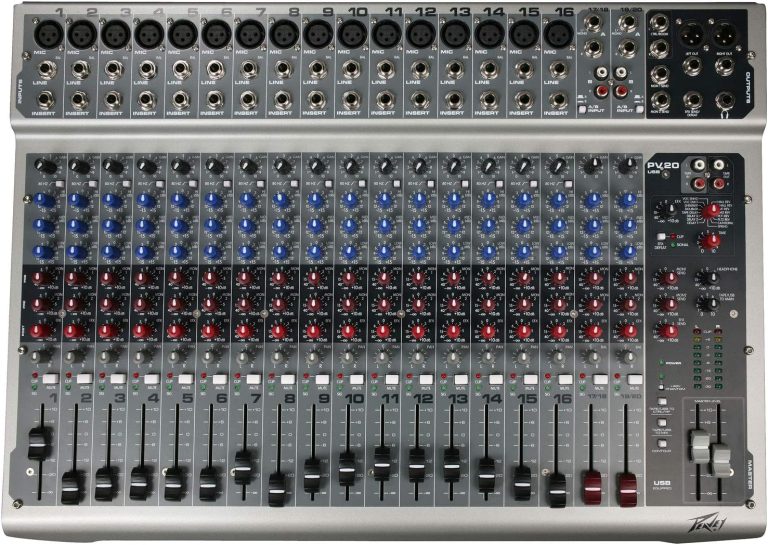 Mesa de som Peavey PV20 de 20 canais com USB para estúdio e ao vivo, com controles de ganho, equalização, efeitos e faders deslizantes