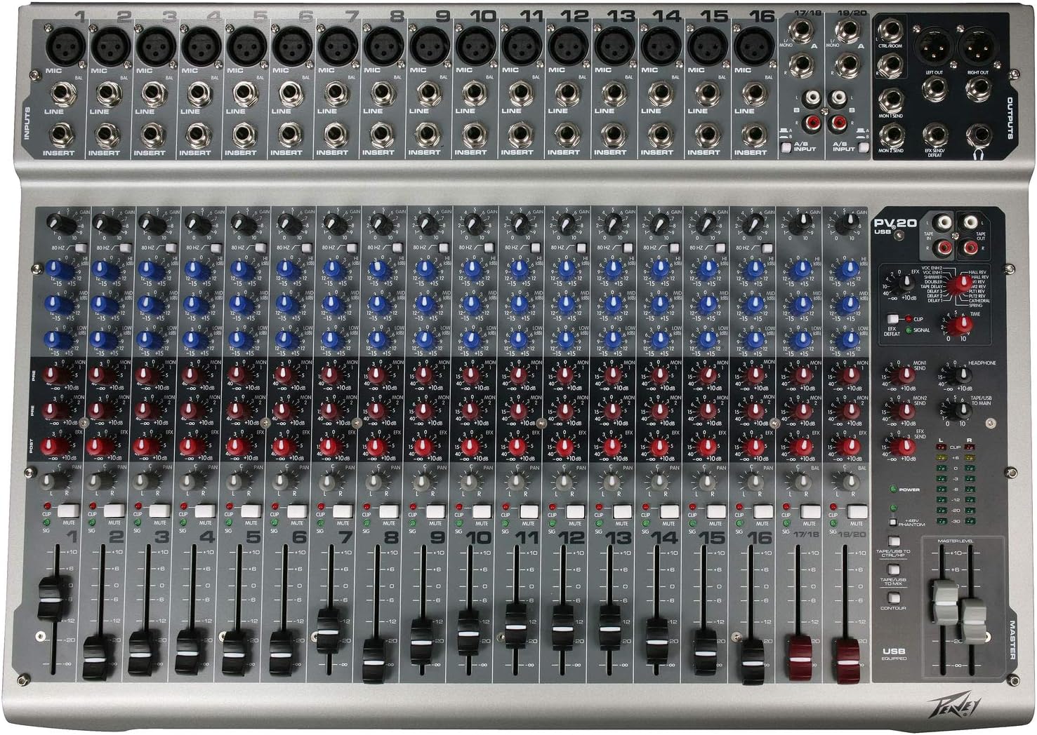 Mesa de som Peavey PV20 de 20 canais com USB para estúdio e ao vivo, com controles de ganho, equalização, efeitos e faders deslizantes