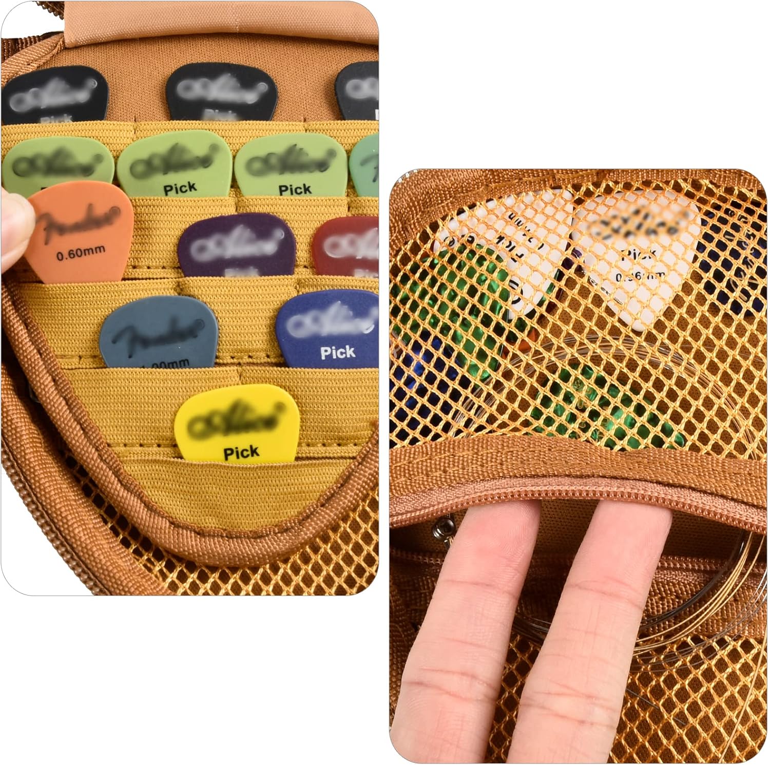 Estojo triangular marrom para guitarra com palhetas organizadas e bolso em tela para acessórios.