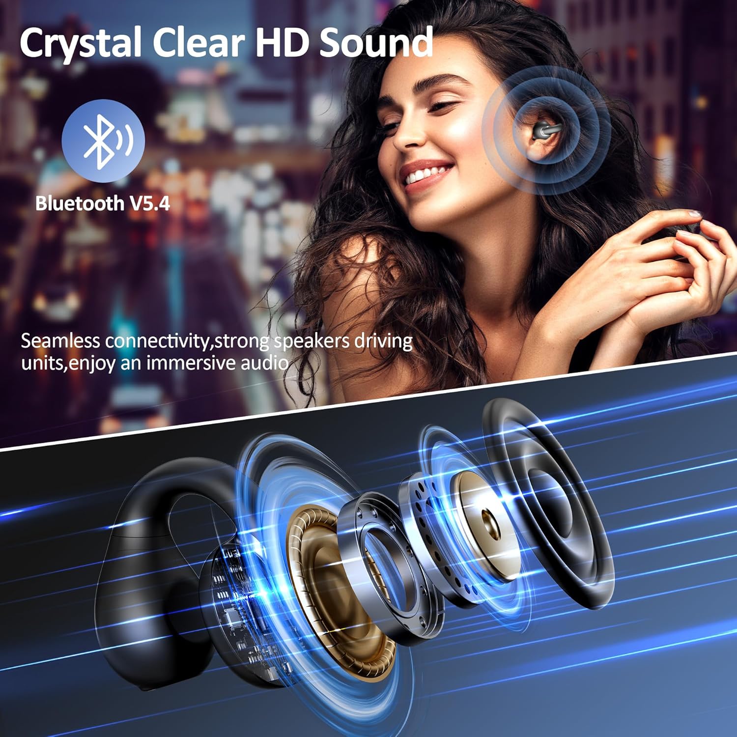 Fone IAMJOY com som HD cristalino, Bluetooth 5.4 e componentes internos destacados para áudio imersivo.