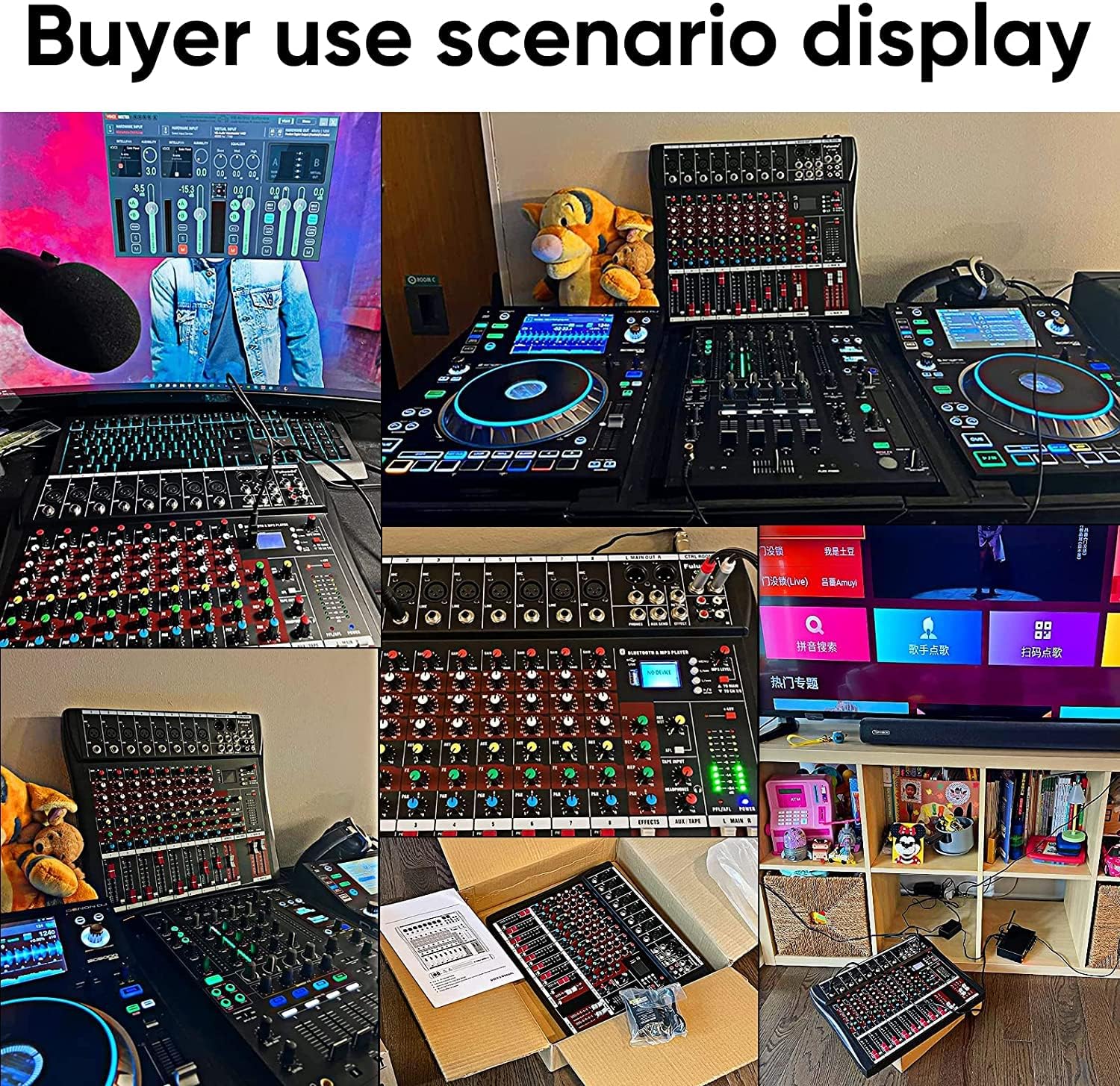 Uso prático da mesa de som GMRGB 12 canais em diferentes ambientes, incluindo DJ e home studio