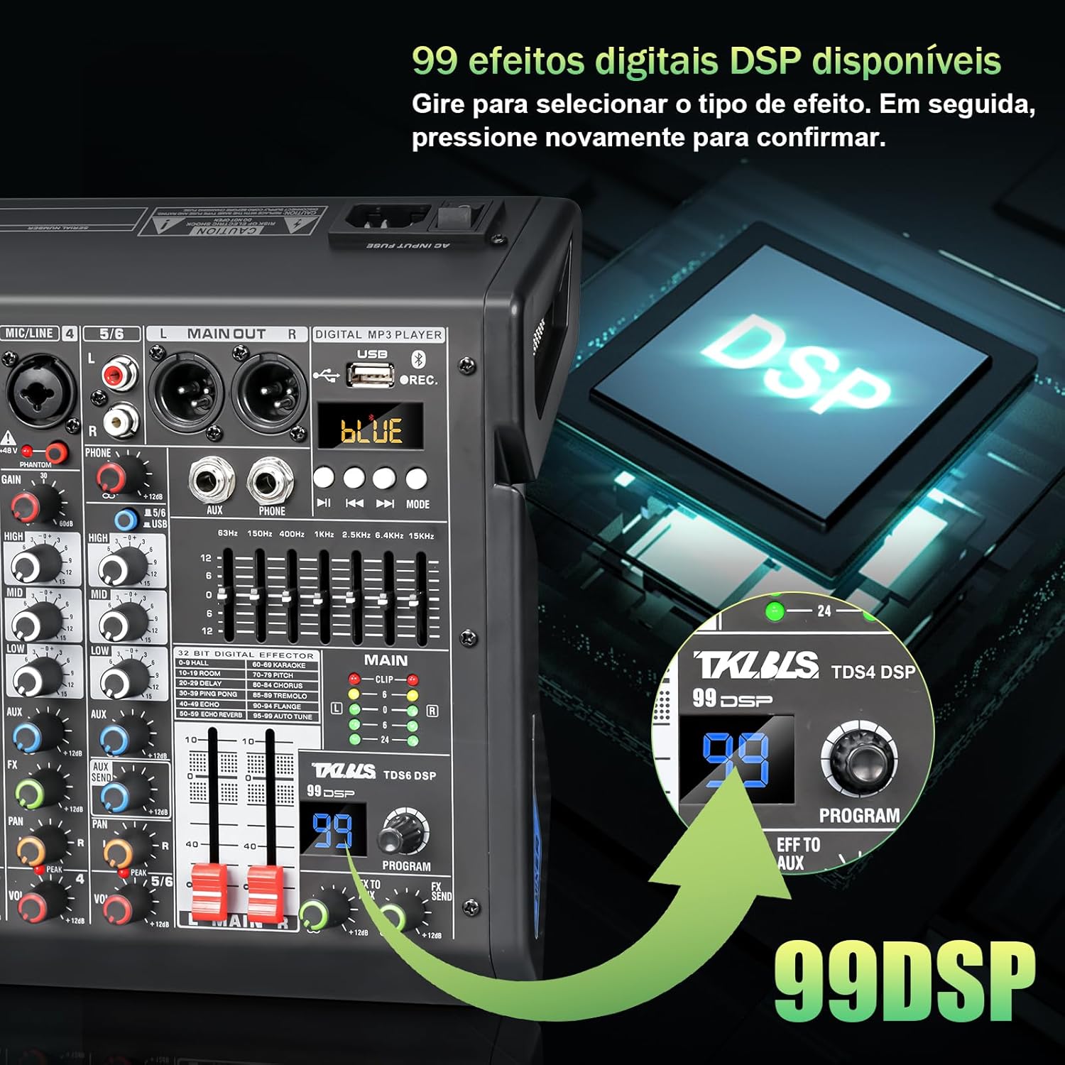 Mixer TKLBLS com 99 efeitos digitais DSP para seleção e ajuste de áudio