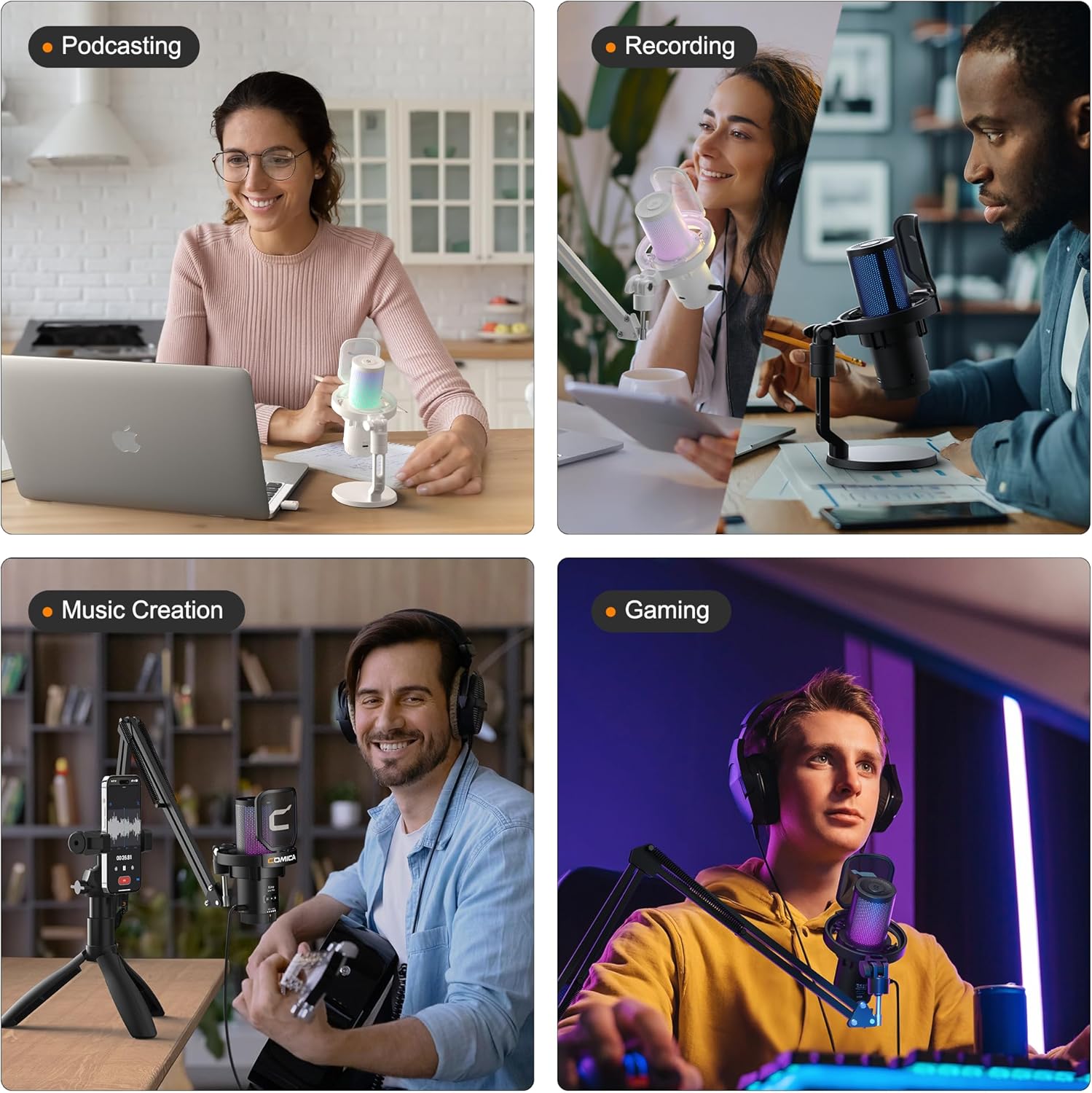 Microfone COMICA EJoy Uni sendo usado para podcasting, gravação, criação musical e jogos em diferentes ambientes.