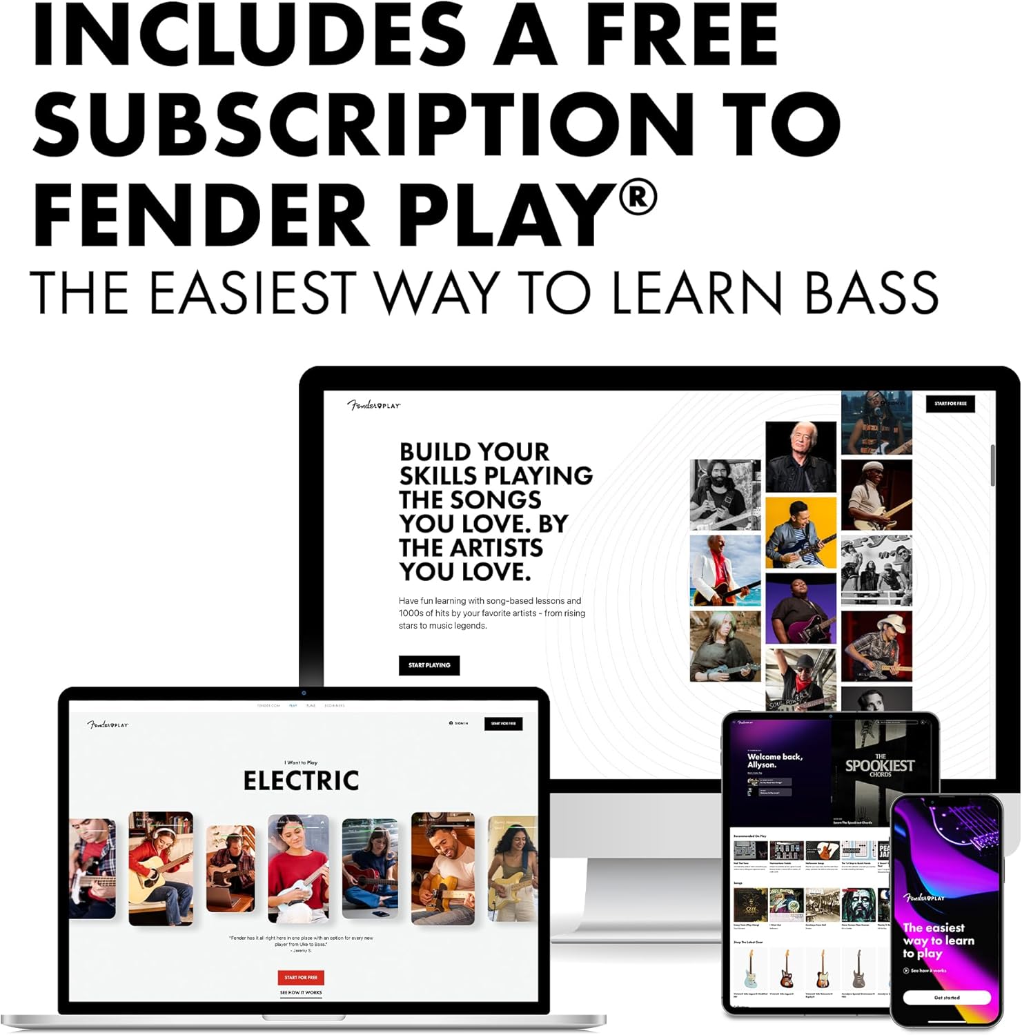 Imagem promovendo assinatura gratuita Fender Play para aprendizado fácil de baixo com múltiplos dispositivos mostrando a plataforma