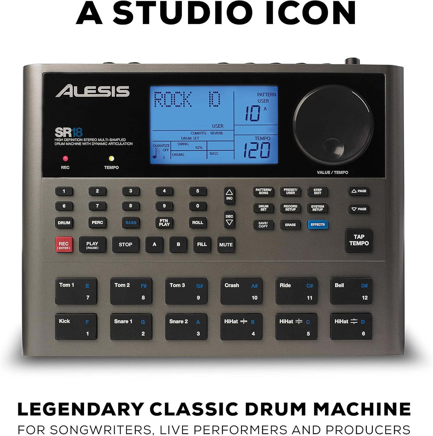 Bateria eletrônica portátil Alesis SR-18 com display azul e botões de controle