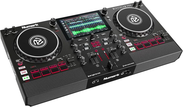 Numark Mixstream Pro controlador DJ autônomo preto com alto-falantes embutidos com tela colorida e jog wheels grandes