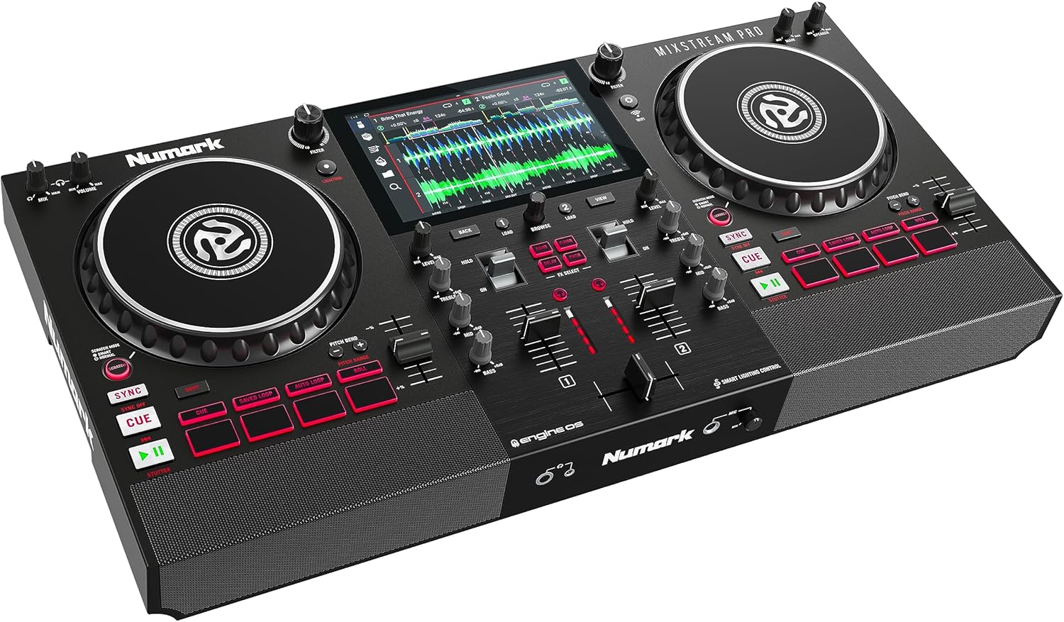 Numark Mixstream Pro controlador DJ autônomo preto com alto-falantes embutidos com tela colorida e jog wheels grandes