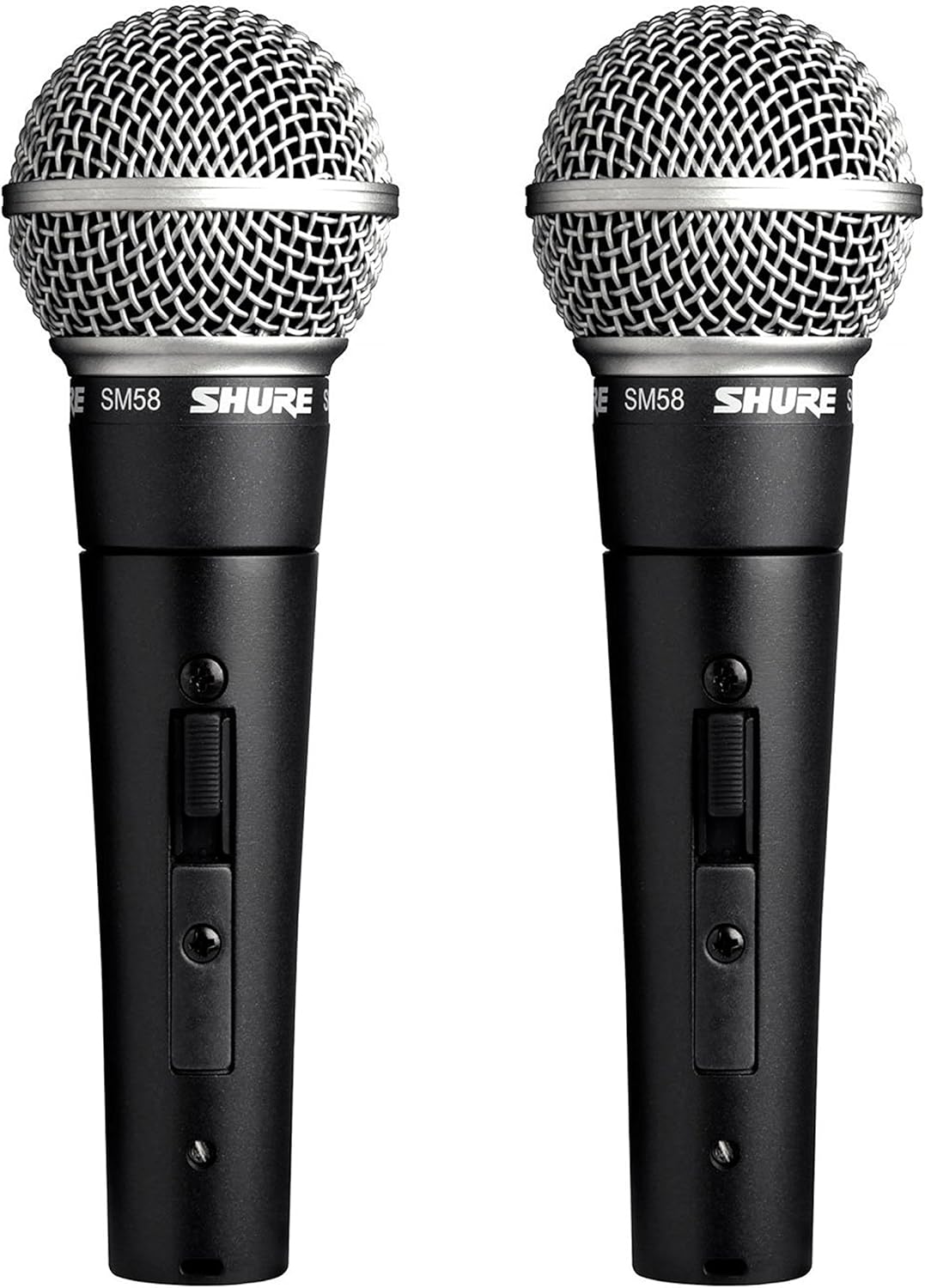 Pacote com 2 microfones vocais dinâmicos Shure SM58S com interruptor, corpo preto e grade prateada