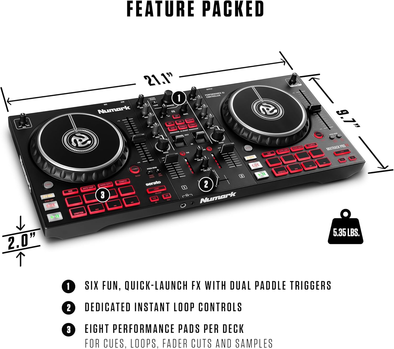Dimensões e características destacadas do controlador Numark Mixtrack Pro FX com 2 decks e pads de performance.
