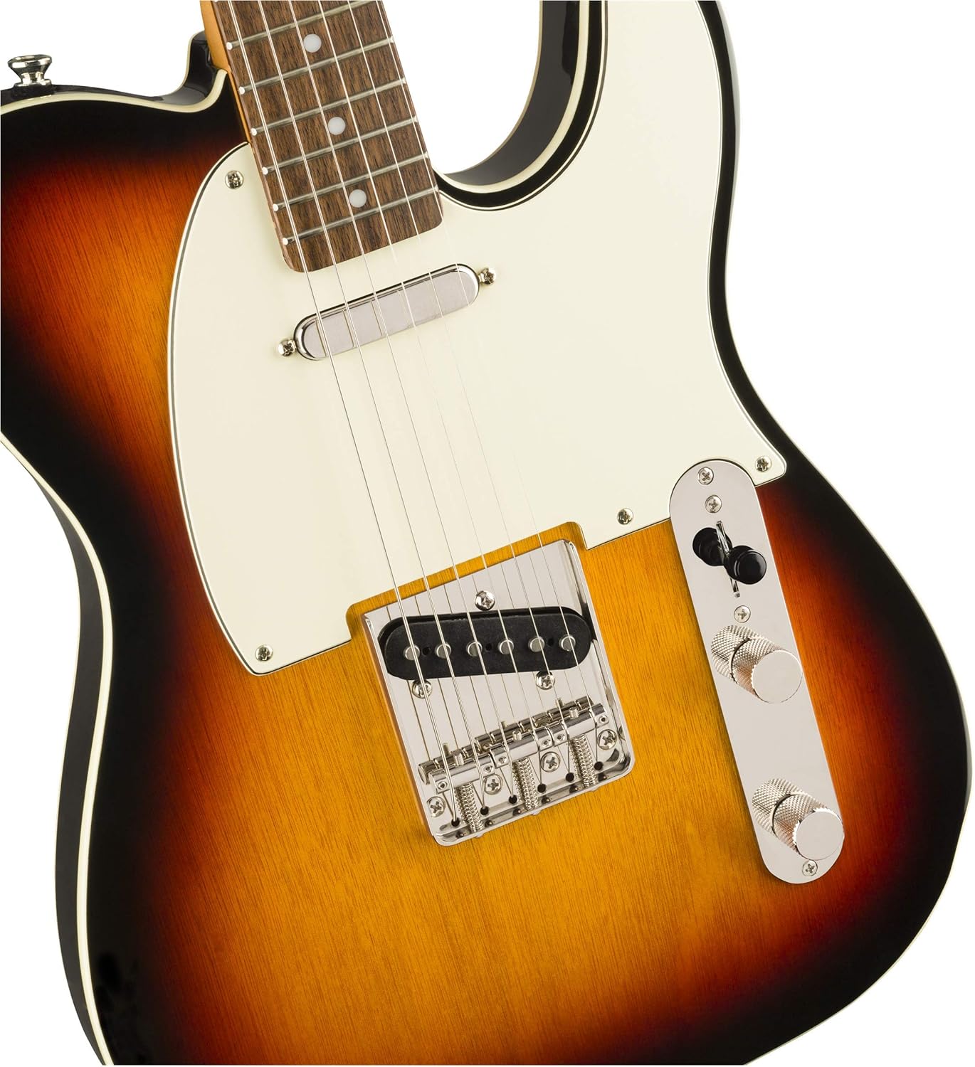 Detalhe frontal superior da guitarra Squier Classic Vibe '60s Custom Telecaster Sunburst