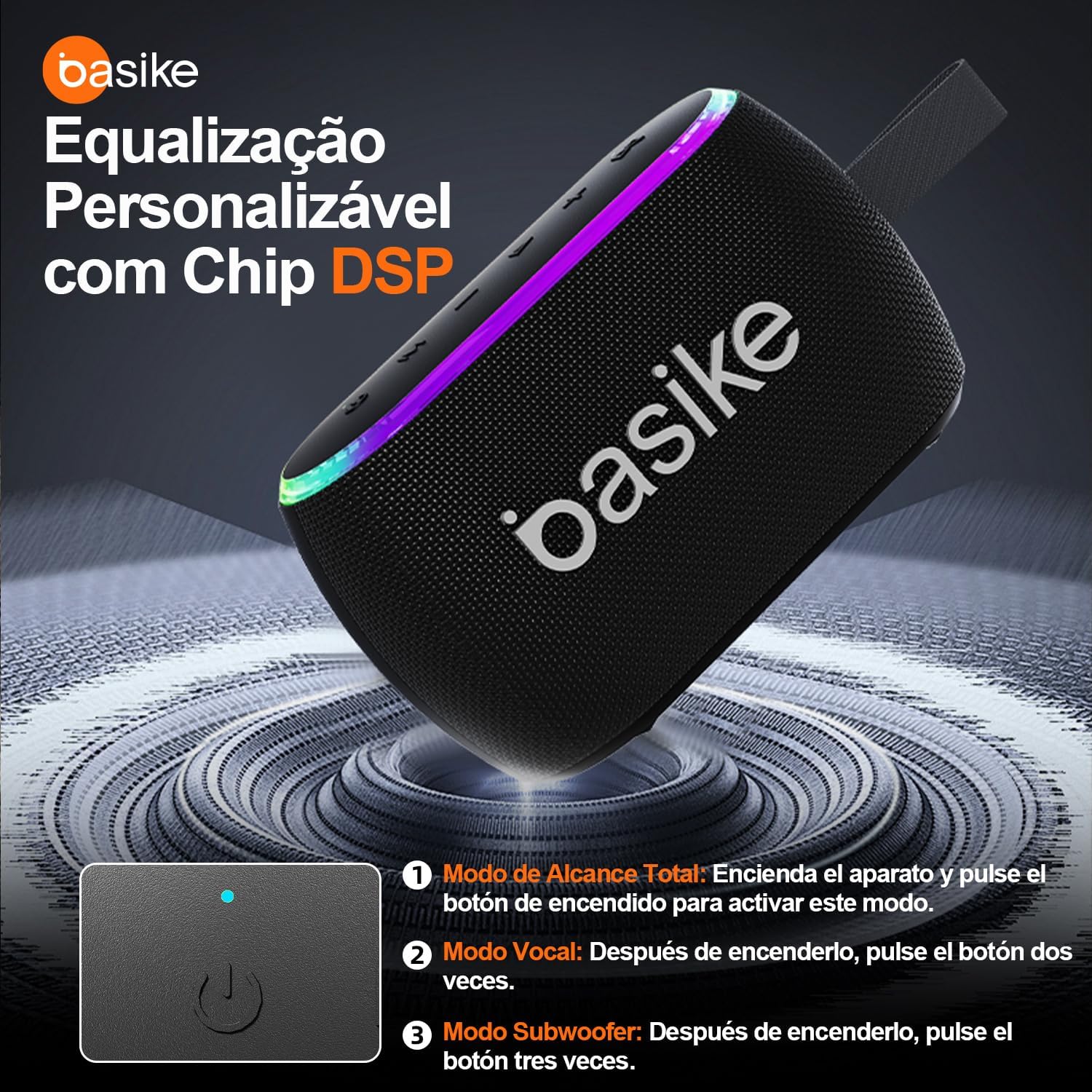 Caixa de som Bazik com equalização personalizável via chip DSP e múltiplos modos de som