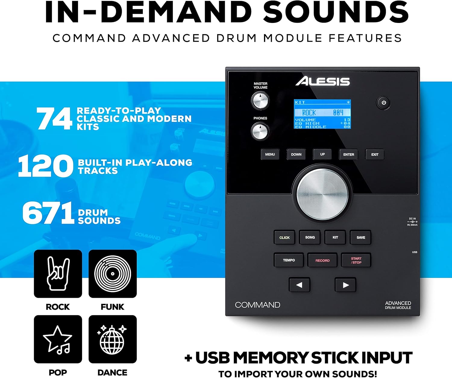 Módulo avançado de bateria Alesis Command com múltiplos kits, faixas e sons integrados, entrada USB para importação de sons.