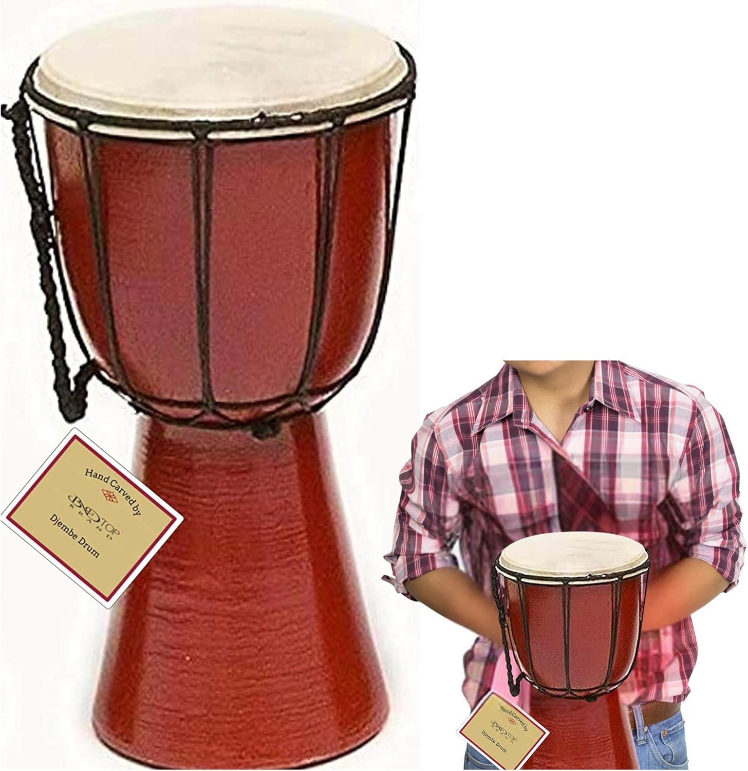 Tambor Djembe africano B.N.D TOP com pele de cabra e cordas ajustáveis, madeira marrom, com pessoa segurando para demonstrar tamanho