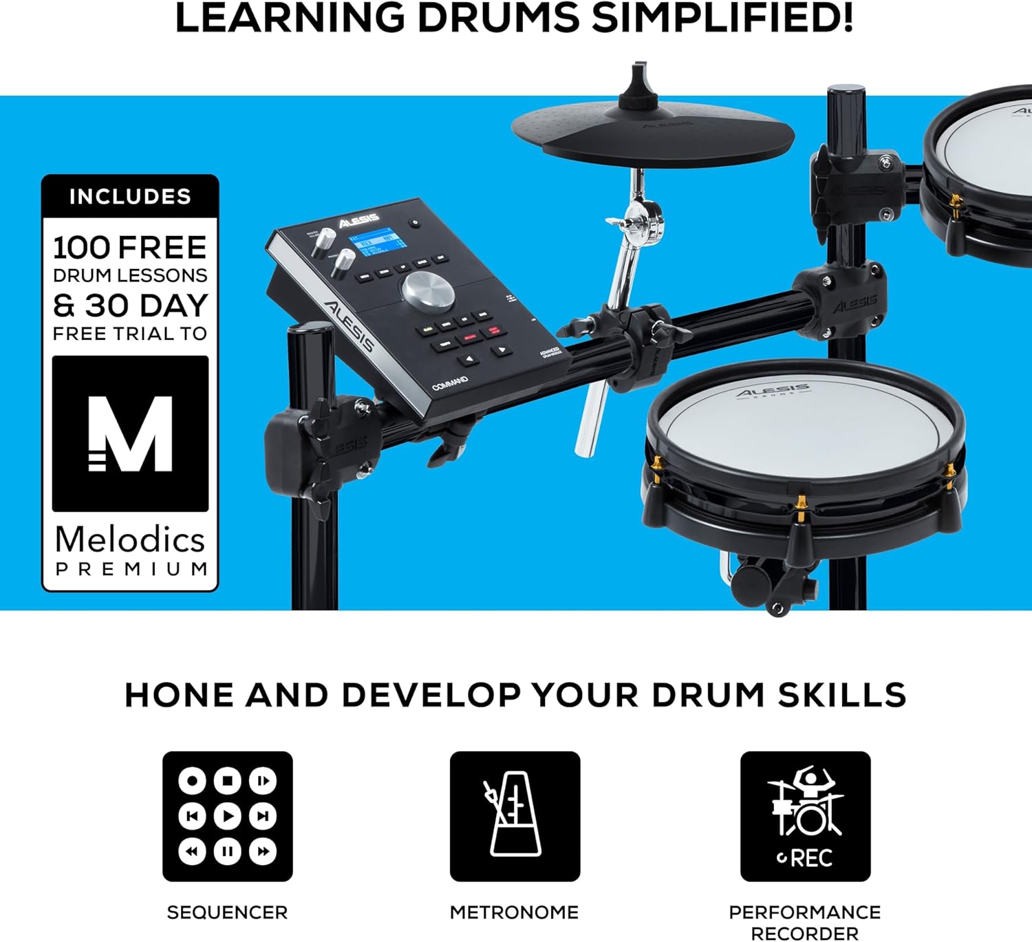 Funções de aprendizado da bateria Alesis Command Mesh SE com aulas grátis, sequenciador, metrônomo e gravador de performance.