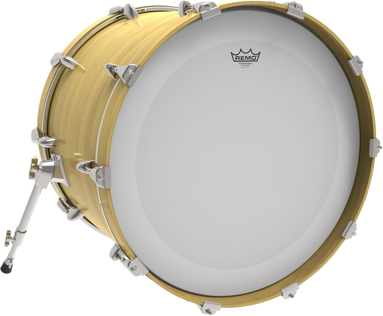 Tambor com pele Remo Powerstroke P4 revestida 56 cm instalada, corpo madeira clara e ferragens cromadas