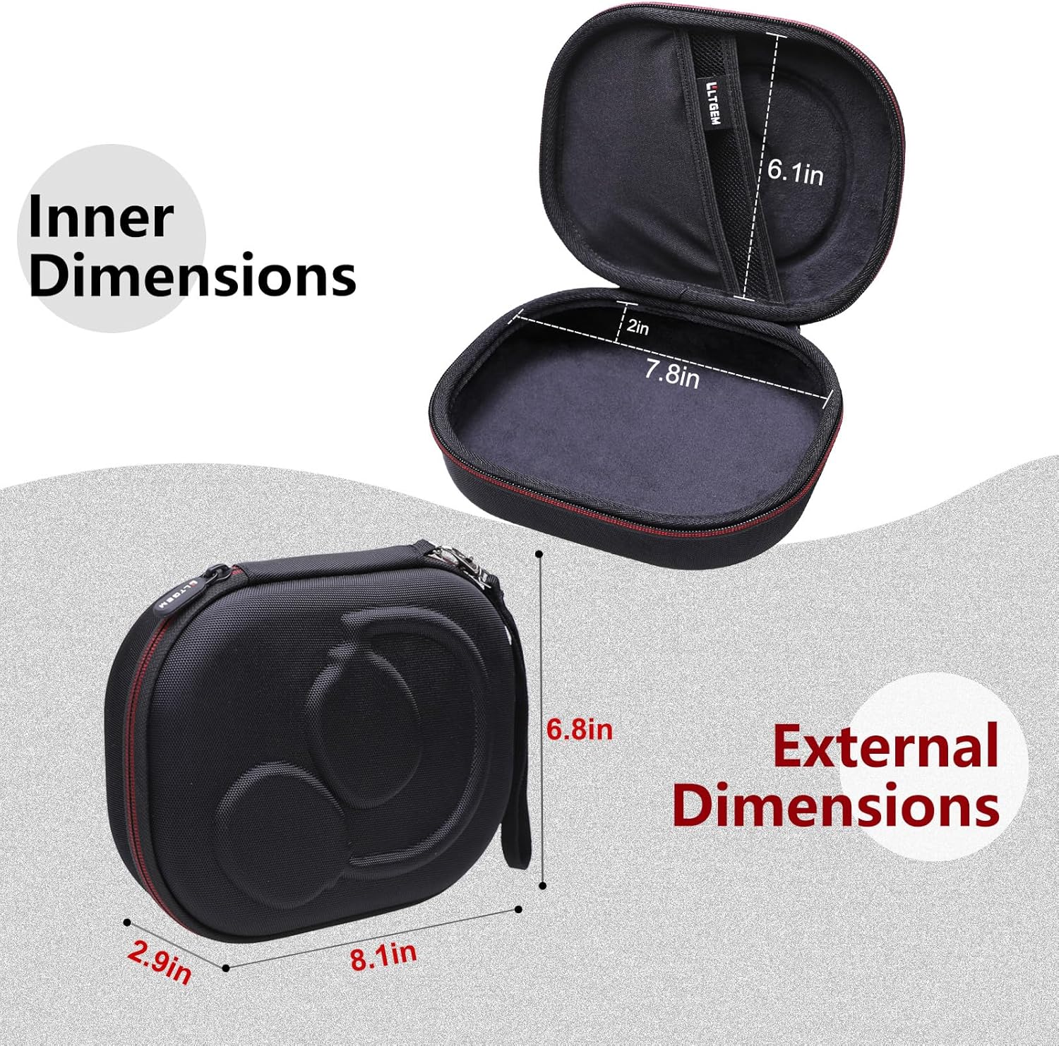 Capa rígida LTGEM para fones JBL com dimensões internas e externas e alça para transporte