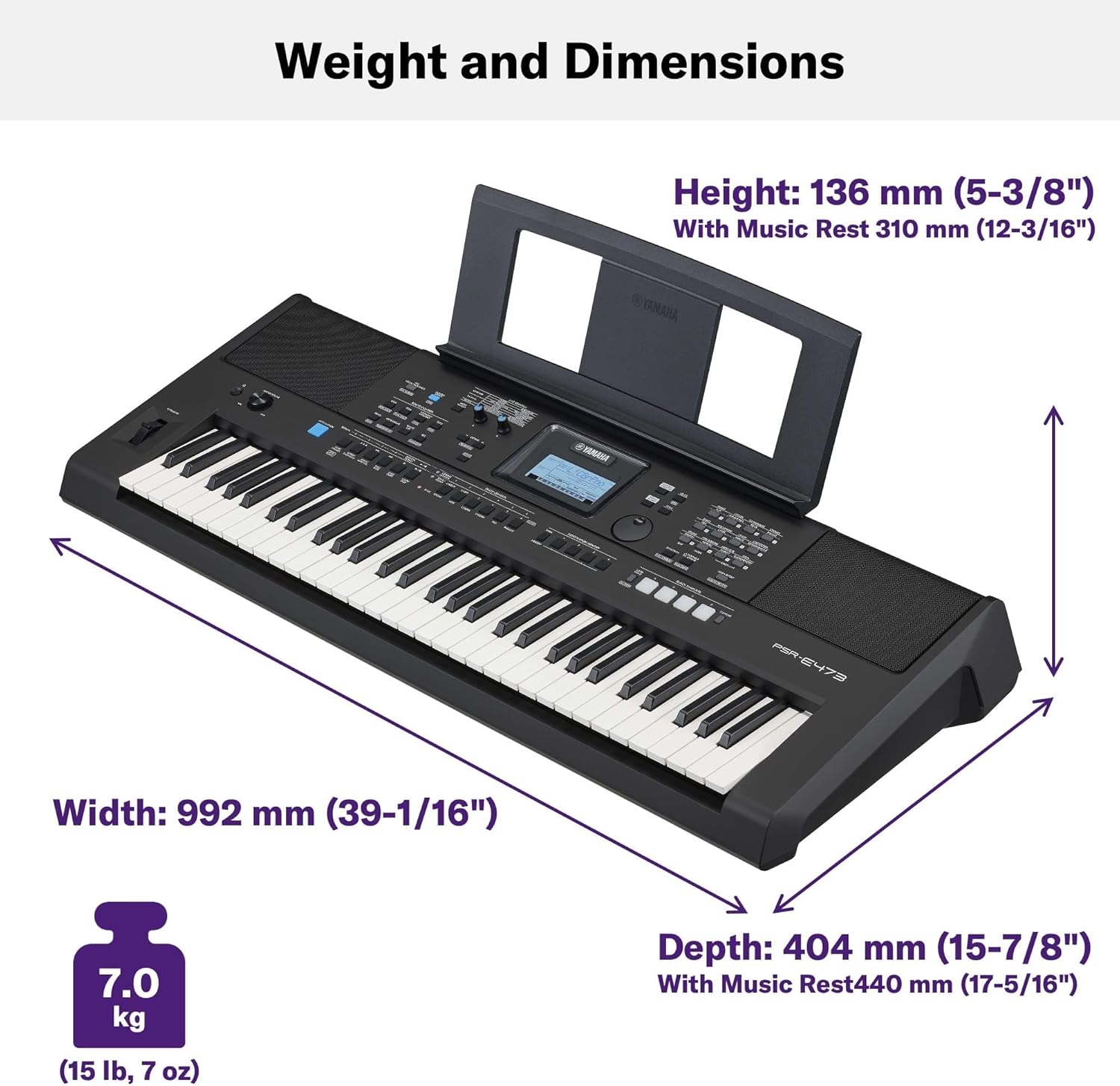 Dimensões e peso do teclado Yamaha PSR E473 com medidas detalhadas