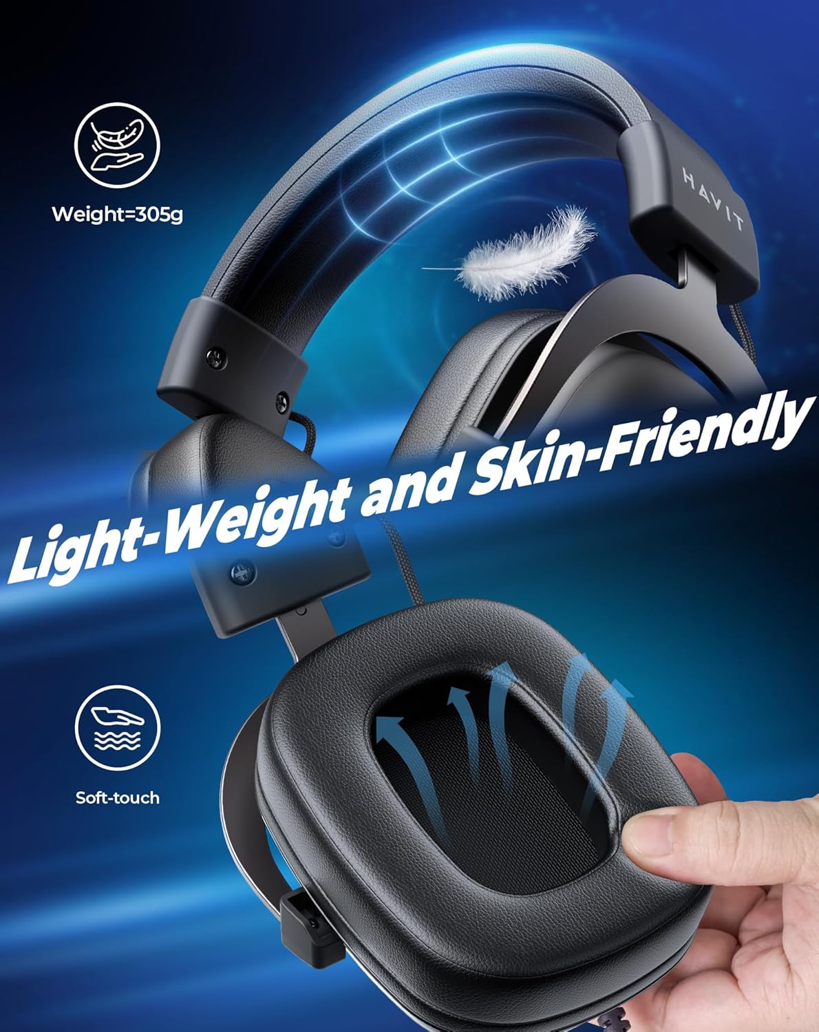 Headset Havit HV-H2002d leve, confortável e com almofadas macias e respiráveis.