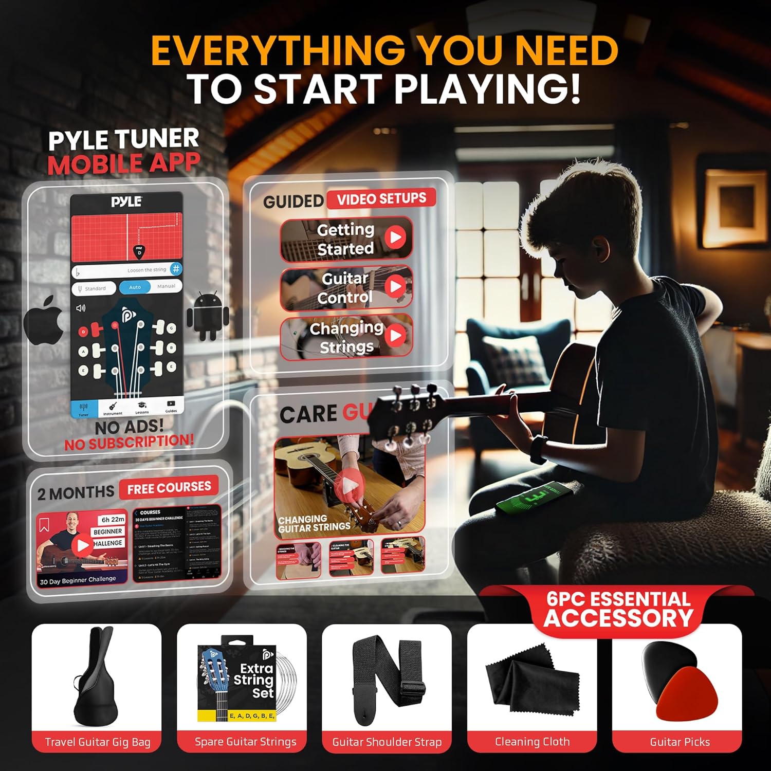 Promoção Pyle com aplicativo afinador móvel, cursos gratuitos e acessórios essenciais para guitarra clássica 3/4 azul fosco