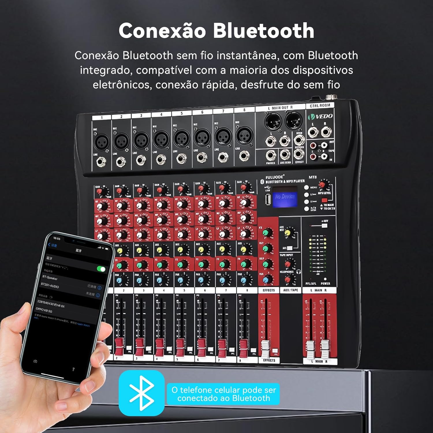 Mixer KINGSTER 8 canais com conexão Bluetooth sem fio integrada para dispositivos móveis