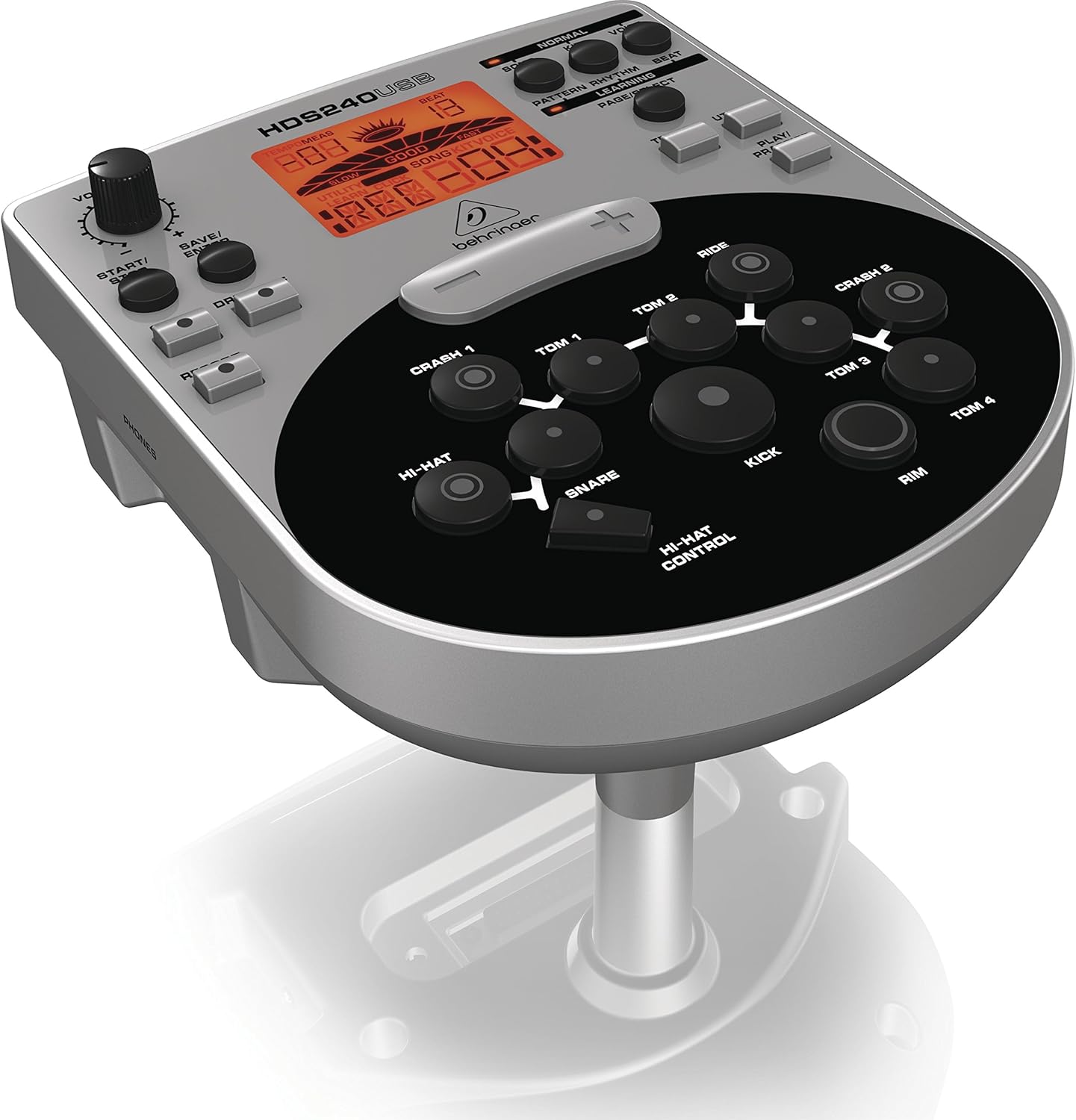 Módulo eletrônico HDS240USB da bateria eletrônica Behringer XD80USB com tela laranja e botões para controle de sons de bateria