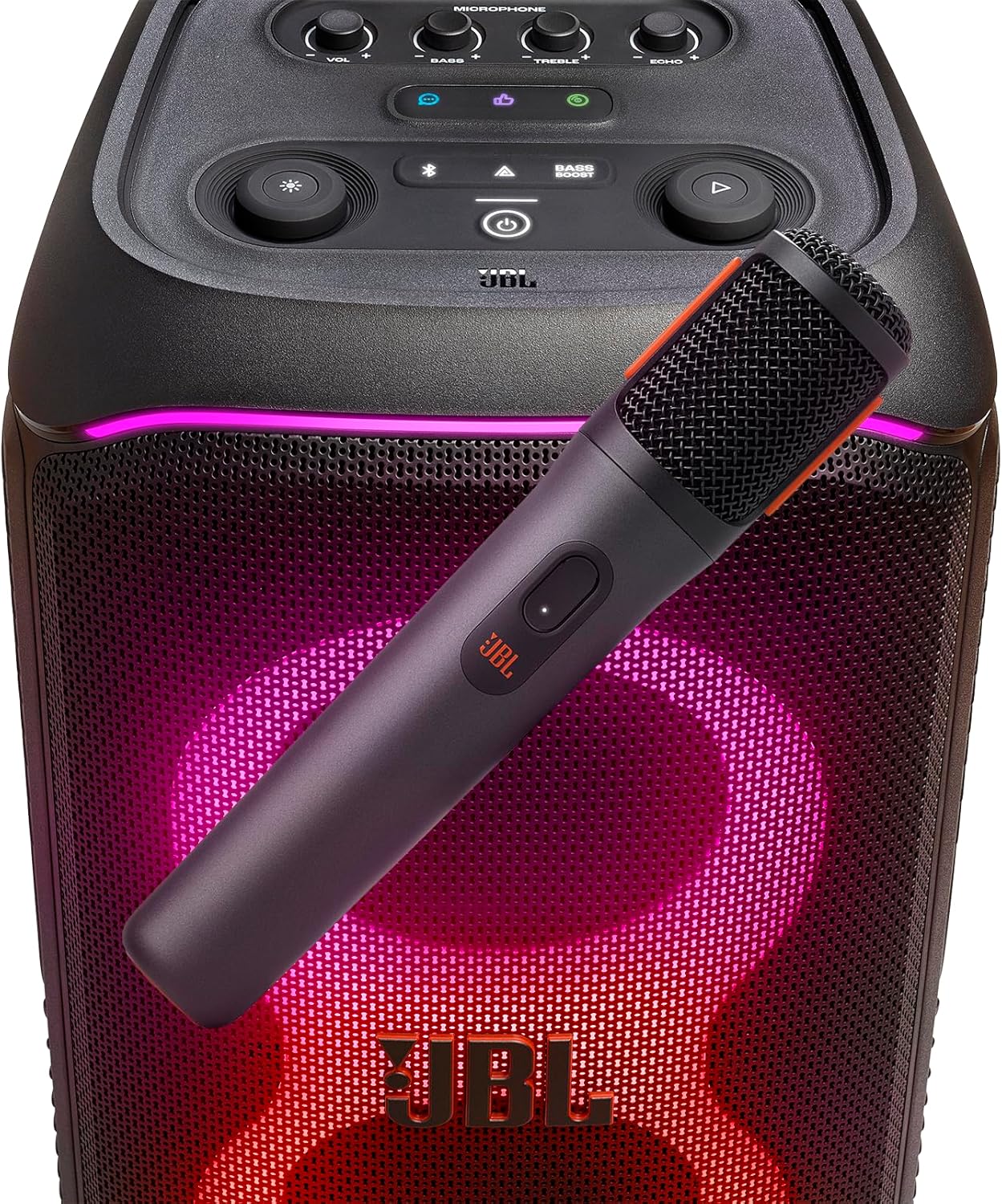 Microfone sem fio JBL PartyBox com caixa de som preta iluminada com LEDs coloridos e painel de controle