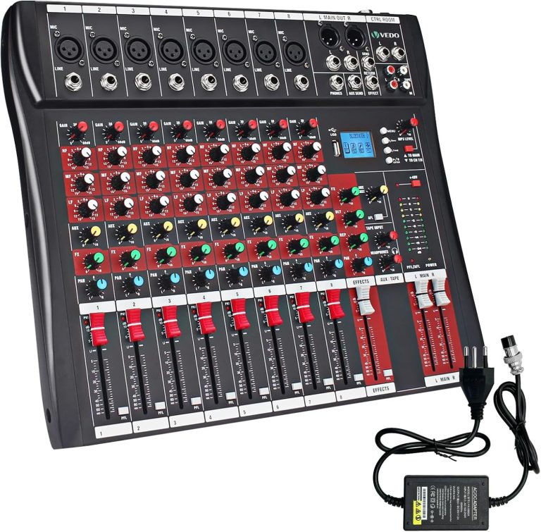 Console de mistura profissional KINGSTER com 8 canais, Bluetooth e USB, com controles detalhados e fonte de alimentação