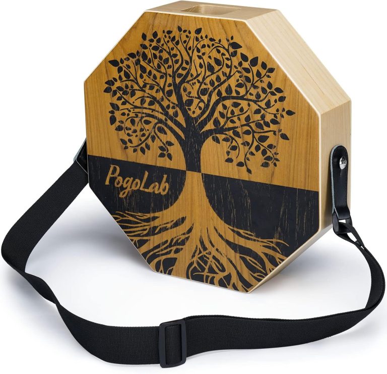 Cajon POGOLAB de dois tons com alça ajustável, design com árvore, acabamento polido e canto arredondado.