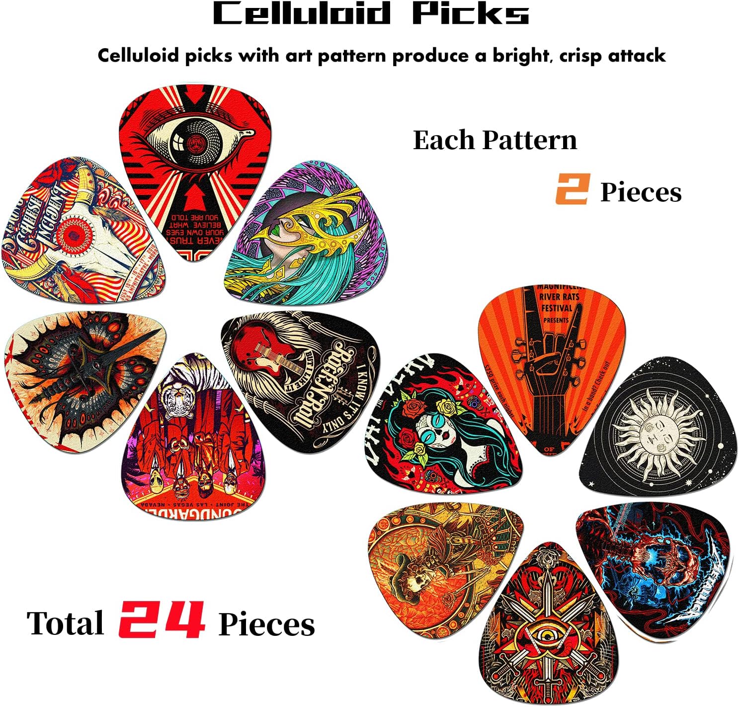 24 palhetas de celuloide para guitarra com 12 designs artísticos, dois de cada design.