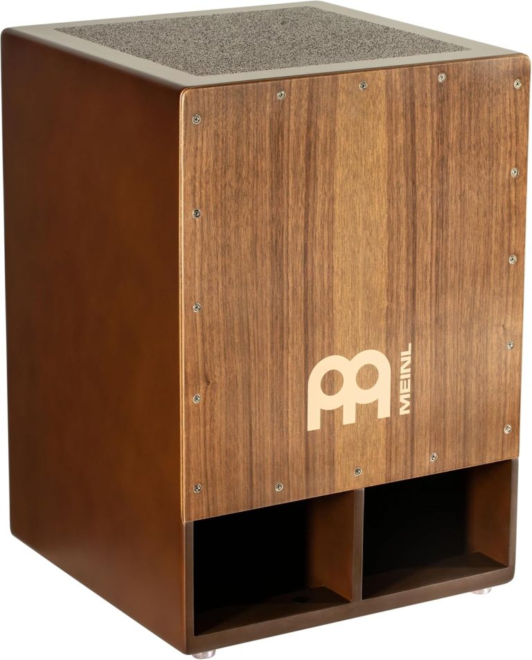 Cajon Meinl Jumbo Bass Subwoofer com superfície de nogueira e acabamento marrom.