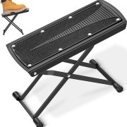 Banco dobrável preto para guitarra com base antiderrapante e estrutura metálica resistente.