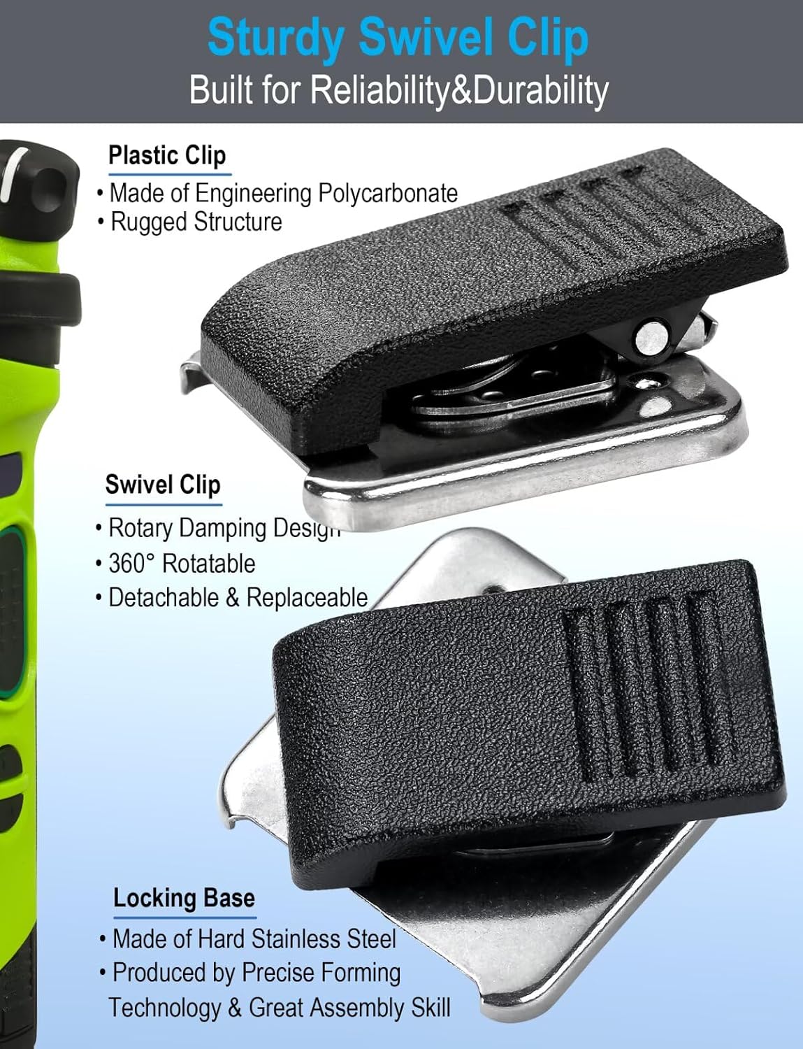Clipe giratório robusto em policarbonato e aço inoxidável do microfone Commountain para rádios Kenwood e Baofeng