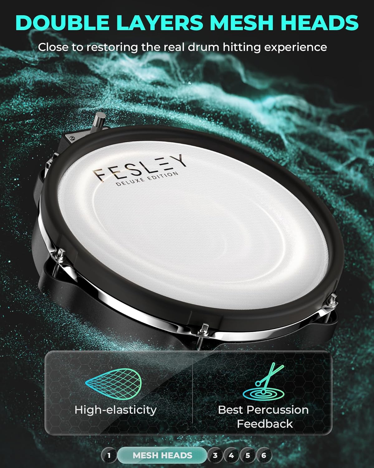Cabeças de malha dupla camada para bateria eletrônica Fesley com alta elasticidade e bom feedback de percussão.