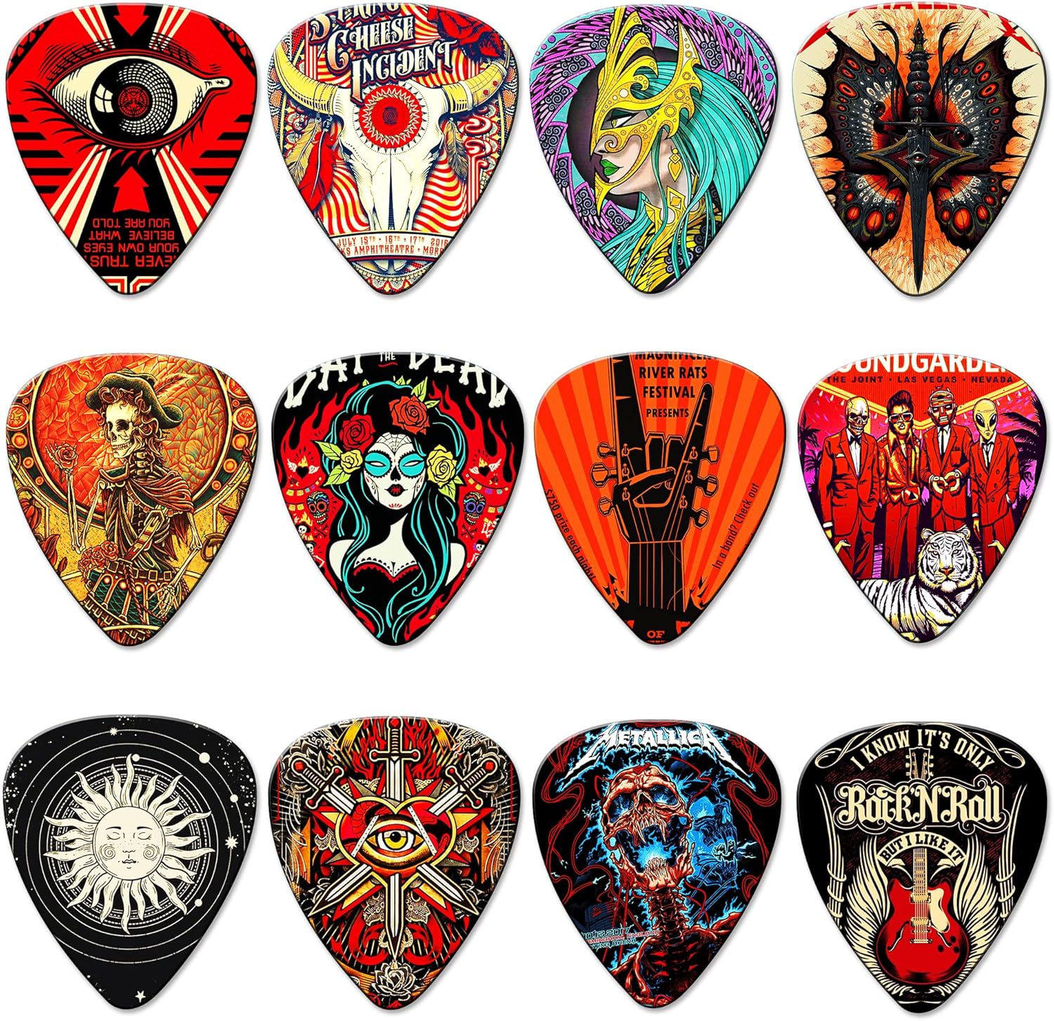 12 palhetas para guitarra com desenhos artísticos variados e coloridos.