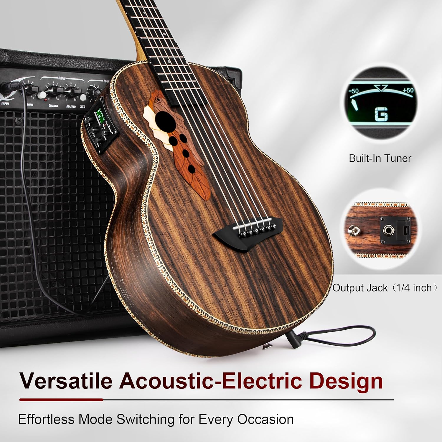 Guitarlele Caramel CB904G com design acústico-elétrico, afinador embutido e saída P10 conectado a amplificador
