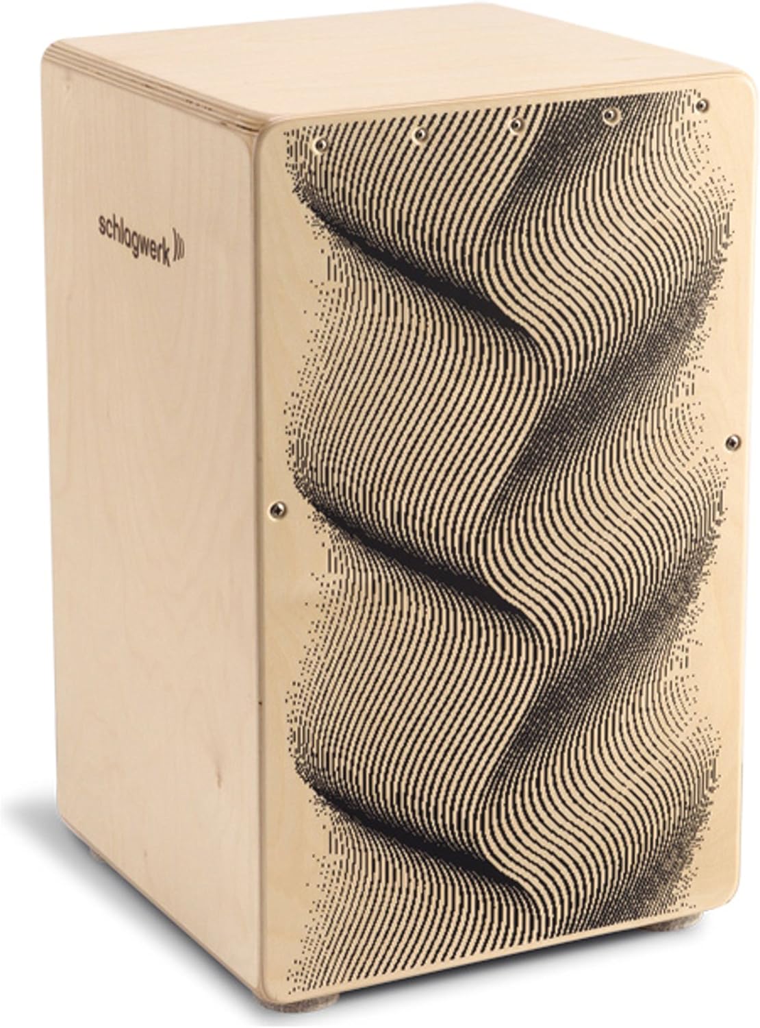 Cajon Schlagwerk CP120 X-One Series com design de ilusão ótica, em madeira clara com padrão preto na frente