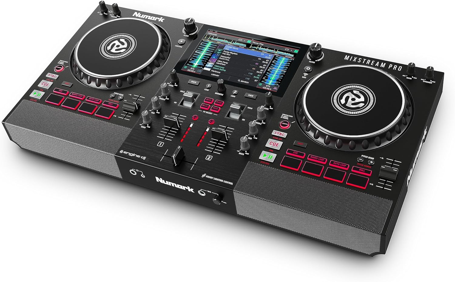 Numark Mixstream Pro controlador DJ autônomo preto com tela colorida, alto-falantes embutidos e controles avançados
