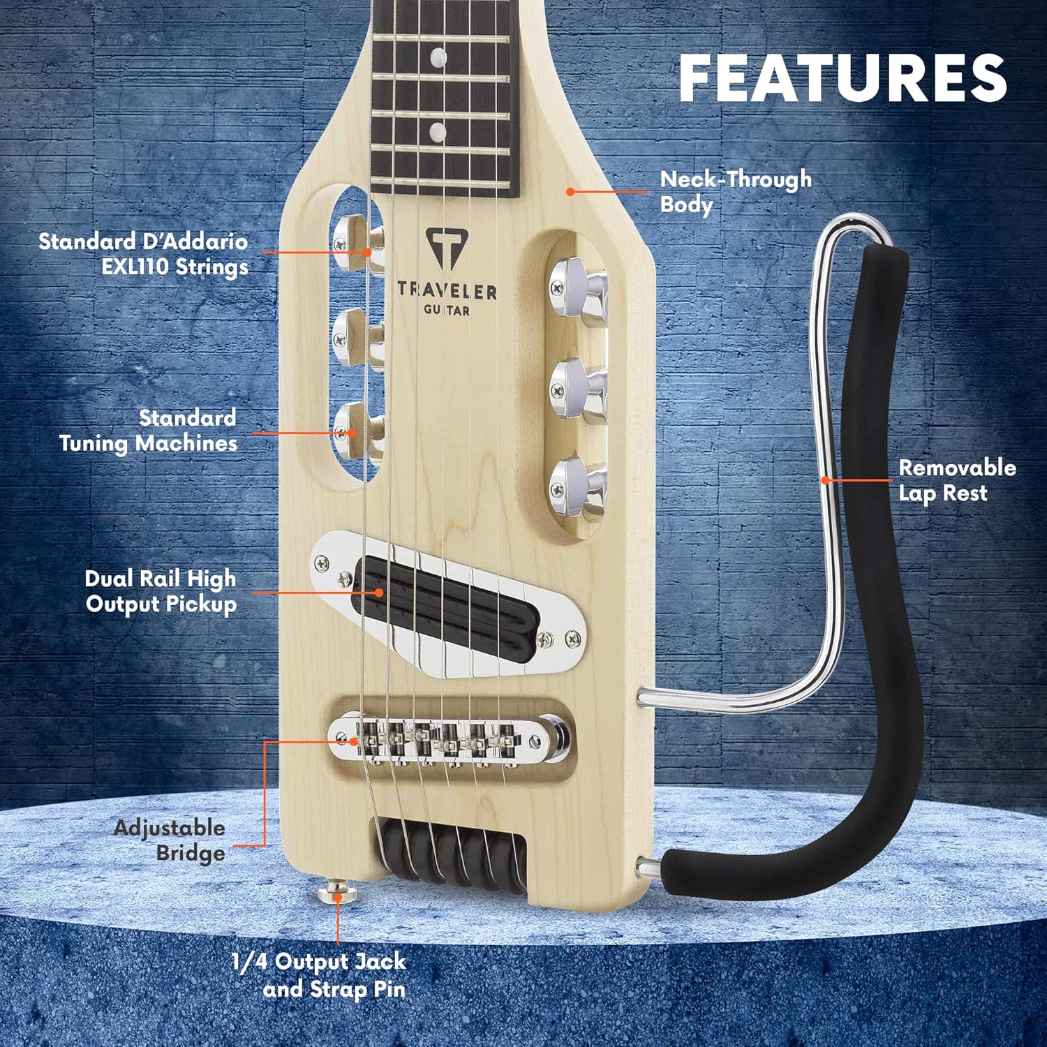 Detalhes técnicos da guitarra elétrica Traveler Guitar ULE MPS com corpo Neck-Through e componentes padrão