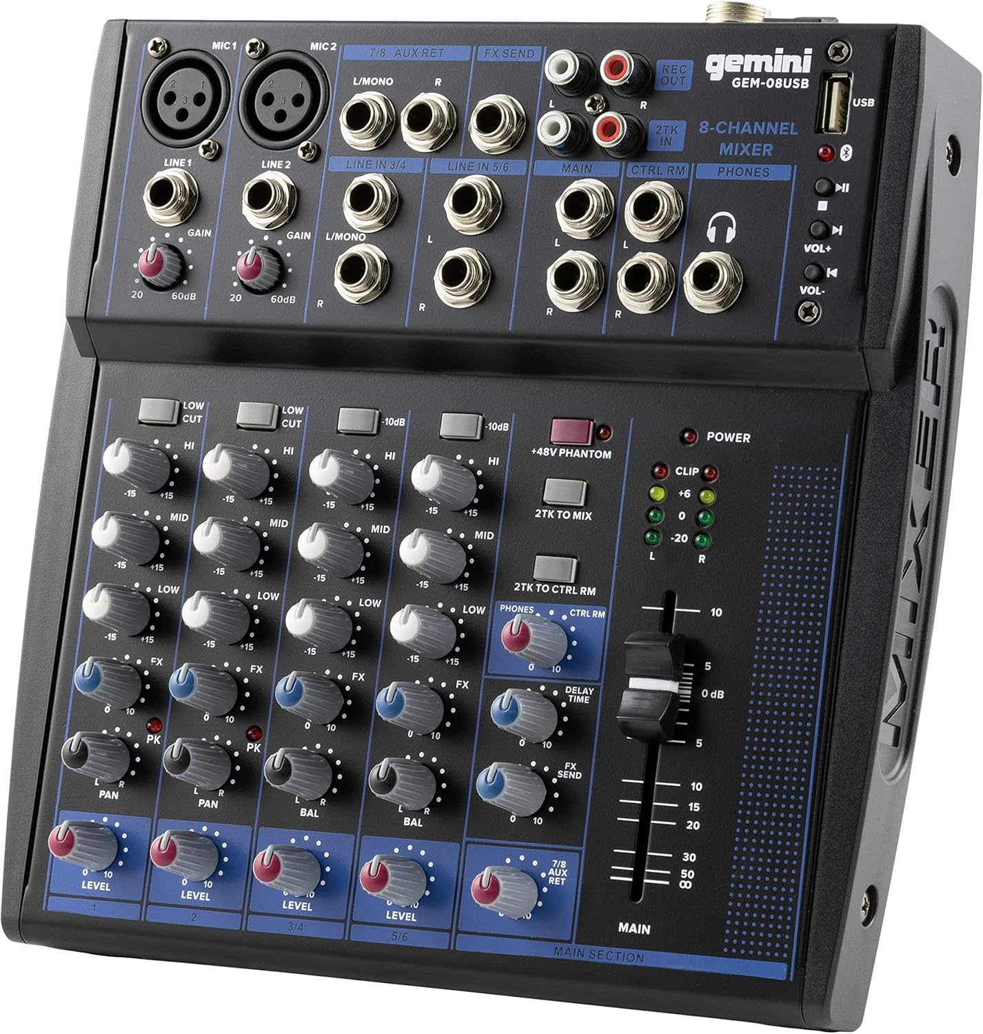 Mixer de áudio compacto Gemini Sound GEM-08USB 8 canais com conexão USB e controles de equalização e ganho.